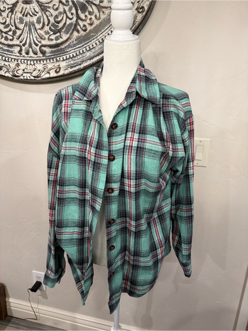 Women's Mint Plaid Button-Front Jean Jacket